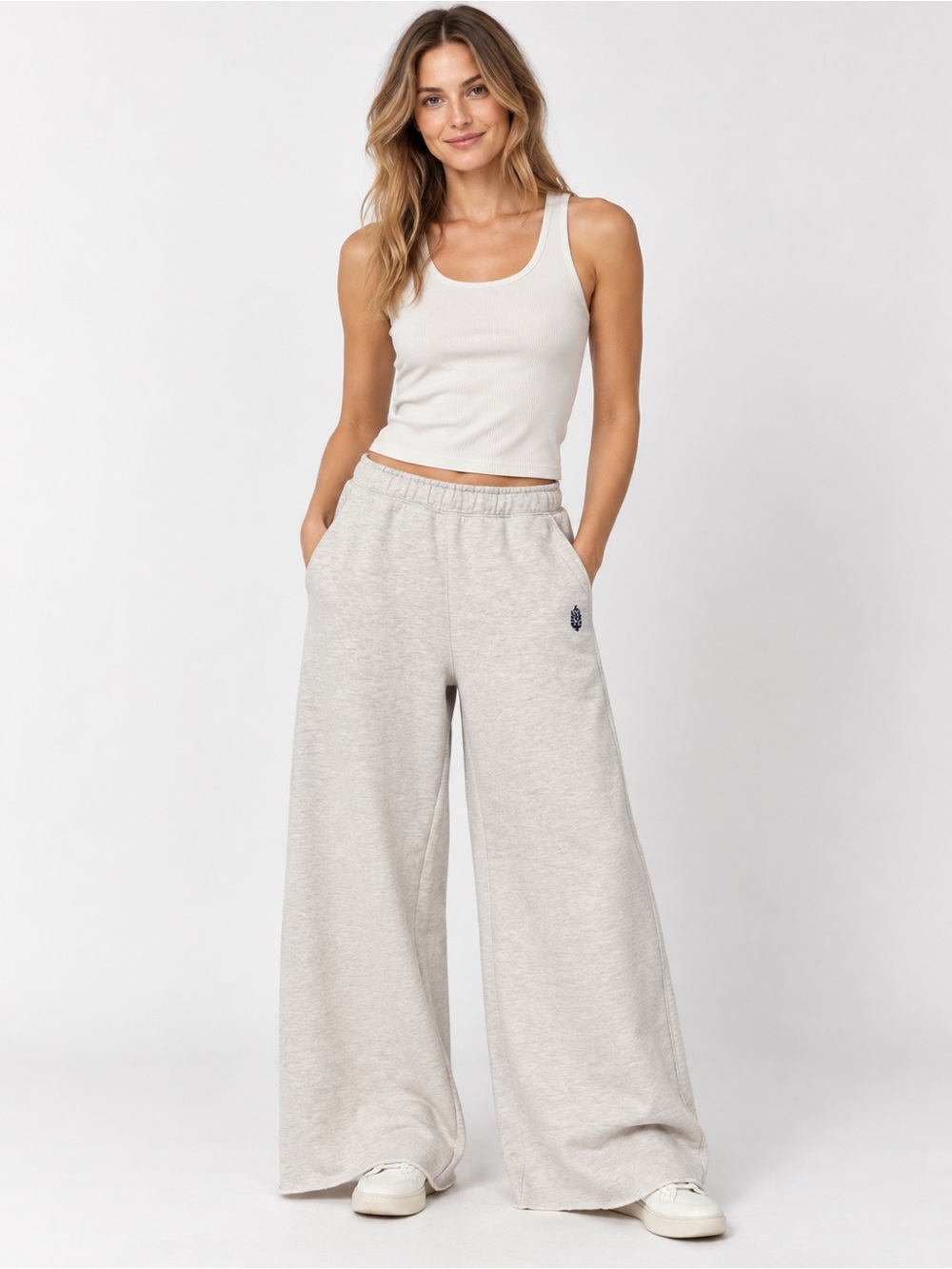 FP Movement For The Win Wide Leg Pants XS Oatmeal Heather Raw Hem Free People